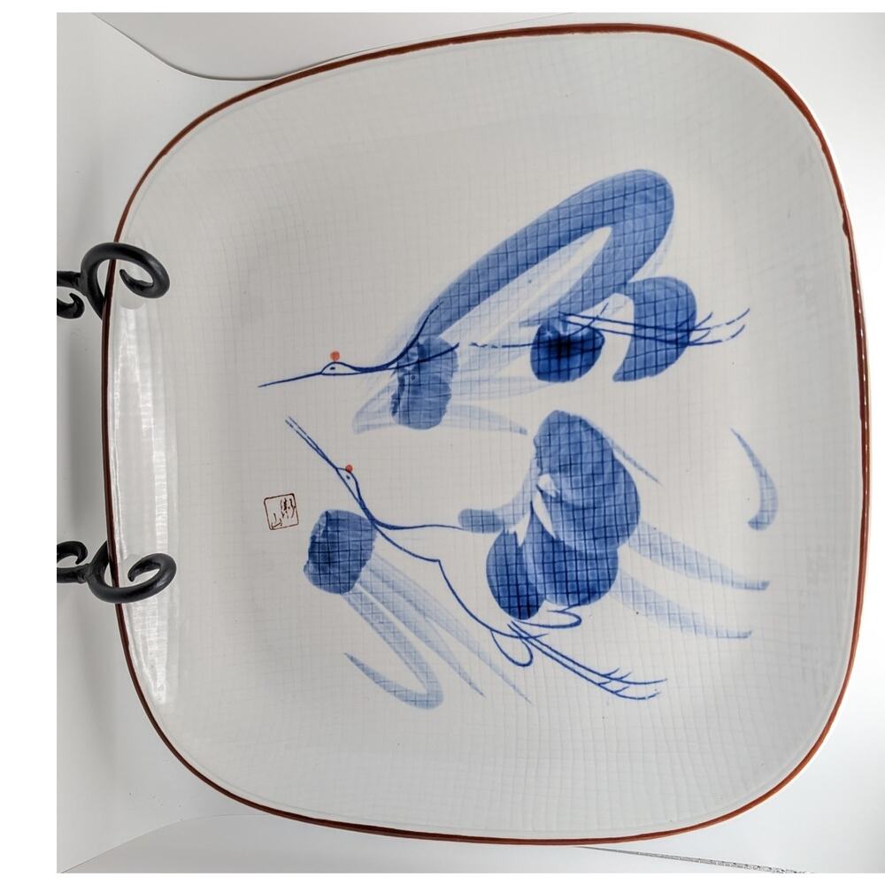 UTSUWA NO YAKATA Vintage Japanese Plate Square Blue Crane Bird Ceramic 12.5in